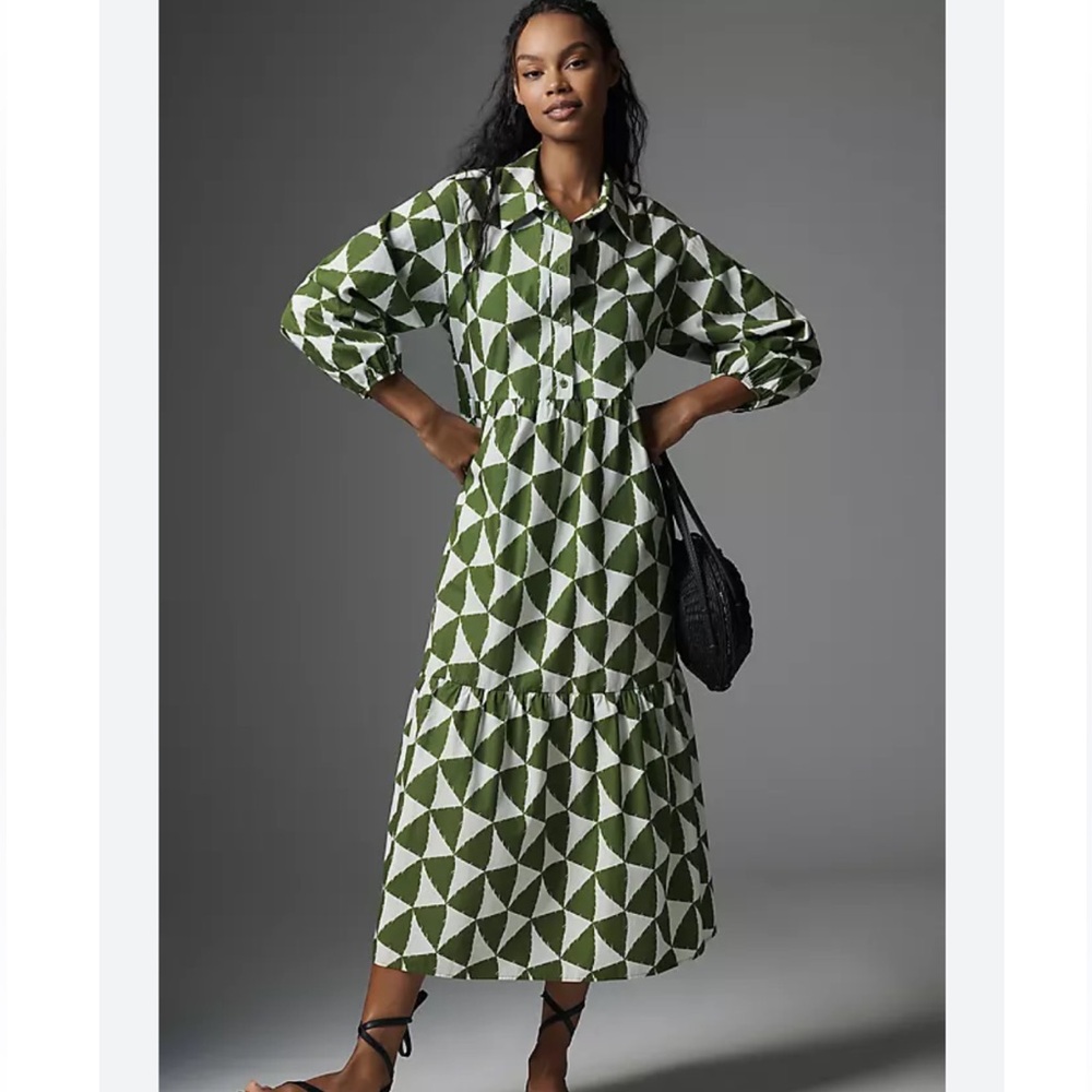 The Bettina Tiered Shirt Dress by Maeve
Color: Green & White Traingles
